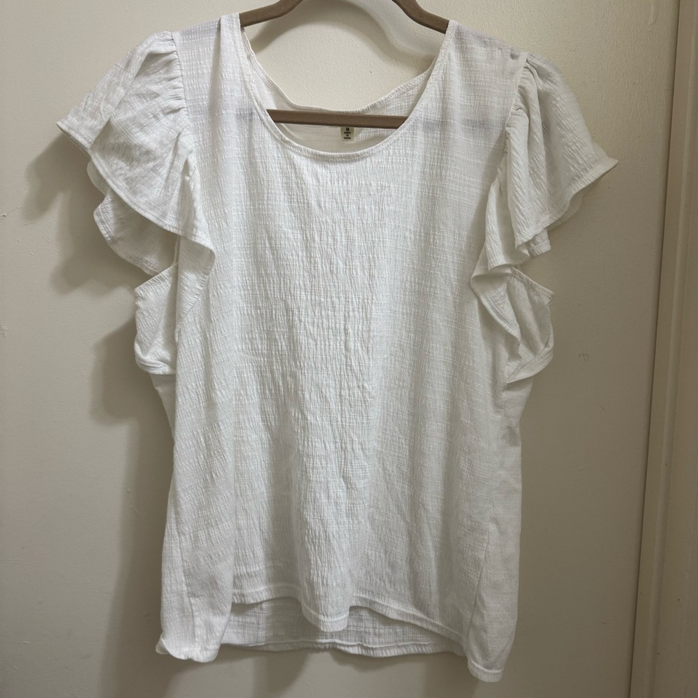 Max Studio Women's White Ruffle Blouse Short‎ Sleeve Boho Top Size Medium